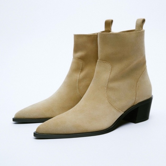 Zara Leather Split Suede Pointed Toe Cowboy Ankle Boots Size 39 | 8 - Picture 4 of 14
